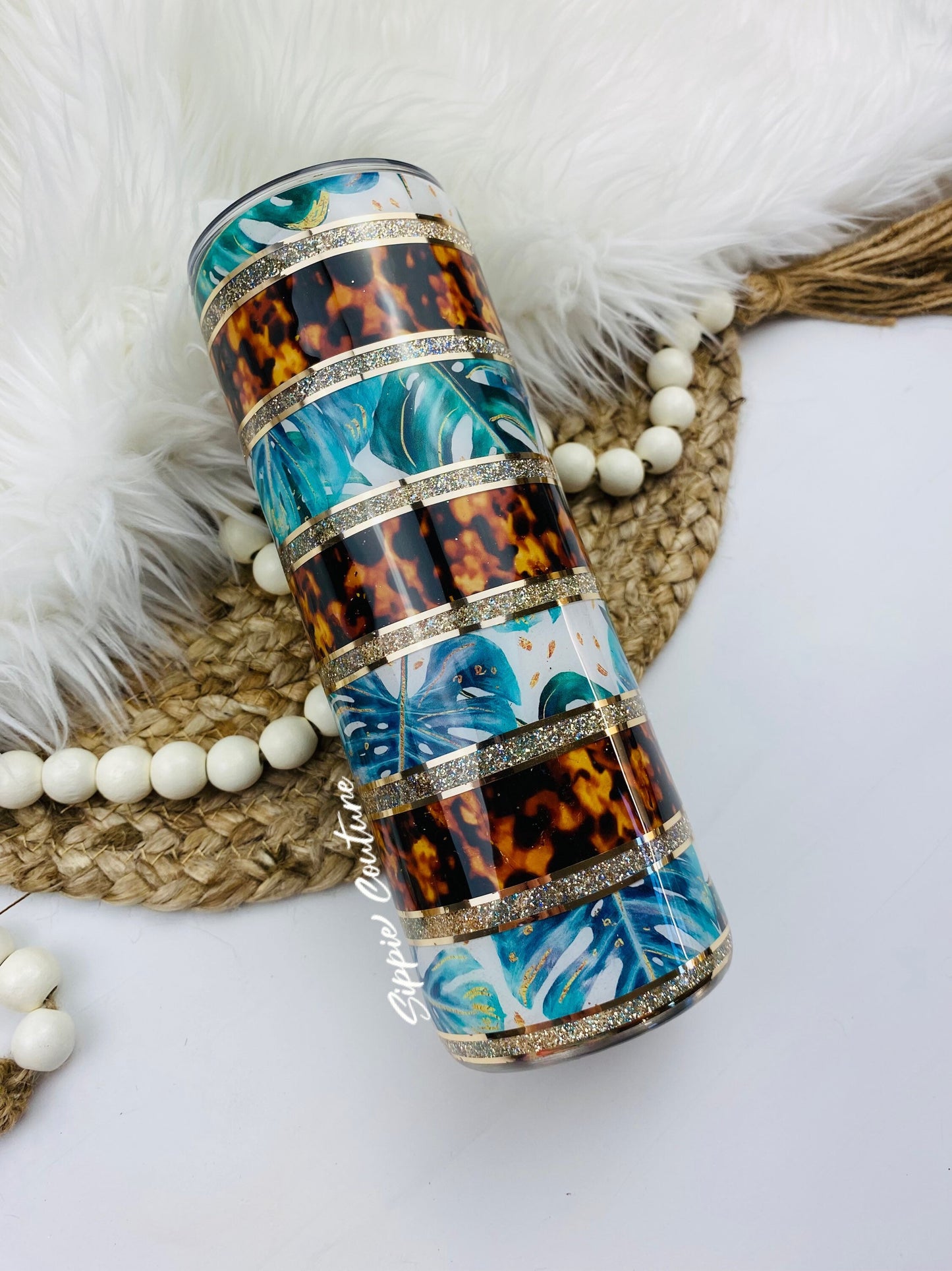 Monstera Leaf Tortoise Glitter Tumbler