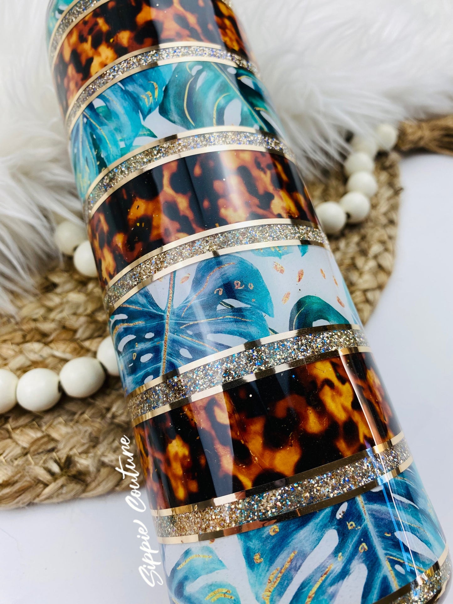 Monstera Leaf Tortoise Glitter Tumbler