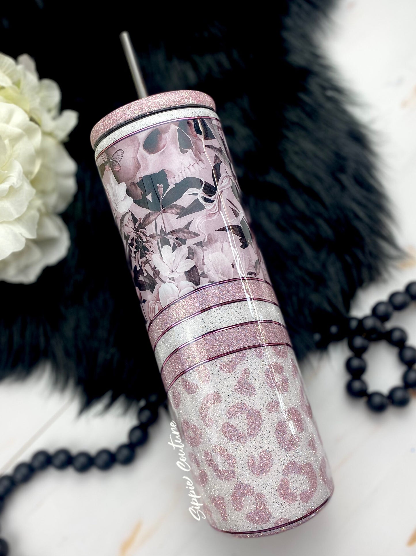 Floral Skull Custom Glitter Tumbler