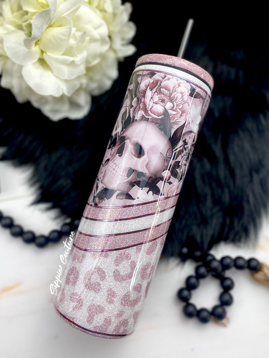 Floral Skull Custom Glitter Tumbler